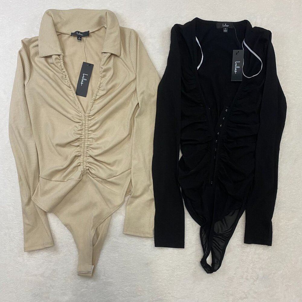Brand New NWT Lulus Black/Tan Beige Bodysuit Size Small lot of 2